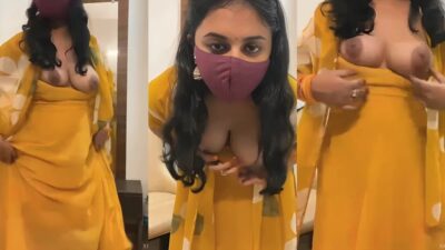 Horny Desi Masked Girl In Yellow Dress Pressing Boobs And Loud Moaning